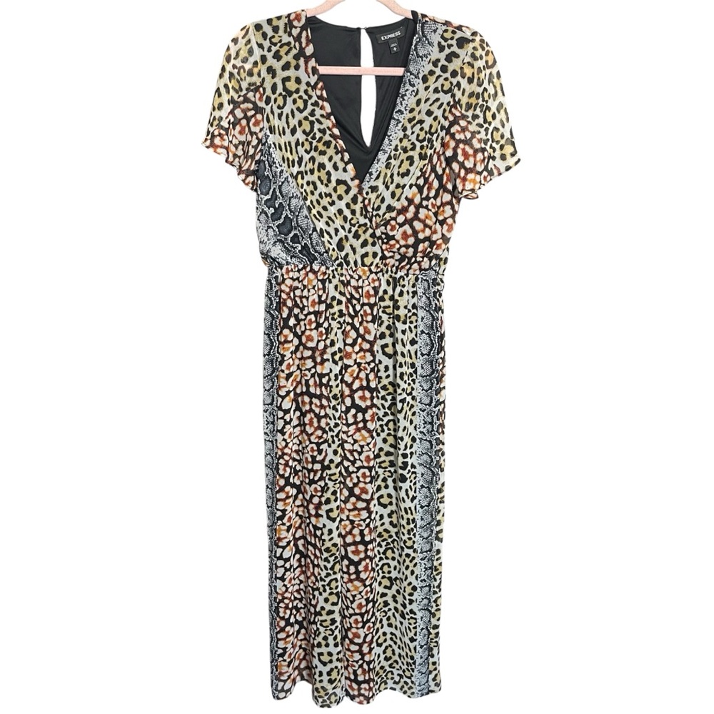 Express Leopard Snakeskin mixed Print V-Neck Jumpsuit